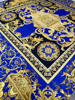 royal blue baroque fabric with intricate gold patterns and ornamental design suitable for upholstery and drapery