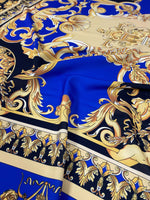 Royal blue baroque fabric with intricate gold and beige floral patterns and ornate design, 150cm wide, luxurious upholstery and drapery material