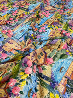 Watercolor Coastal Village Print Fabric with colorful seaside village and floral design for home decor and crafts