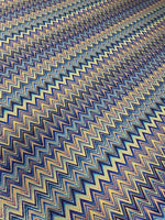 Blue zigzag fabric with shimmering gold lurex detail, polyester material, wide width for sewing projects