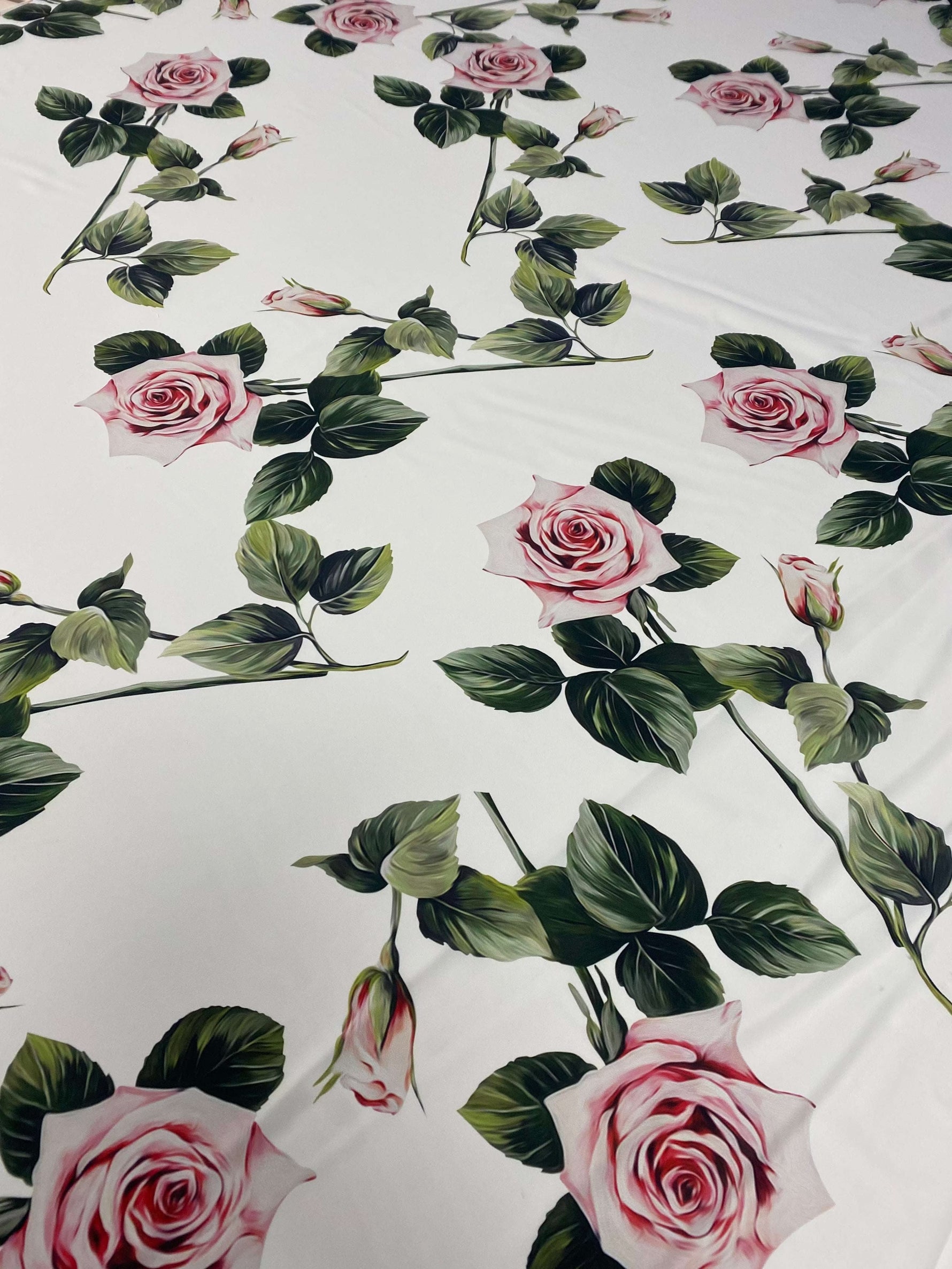 Pink rose floral fabric with green leaves on white background, 150cm width, elegant sewing material