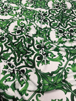 Green Baroque Tile Pattern Fabric with elegant green and white design for upholstery and drapery projects