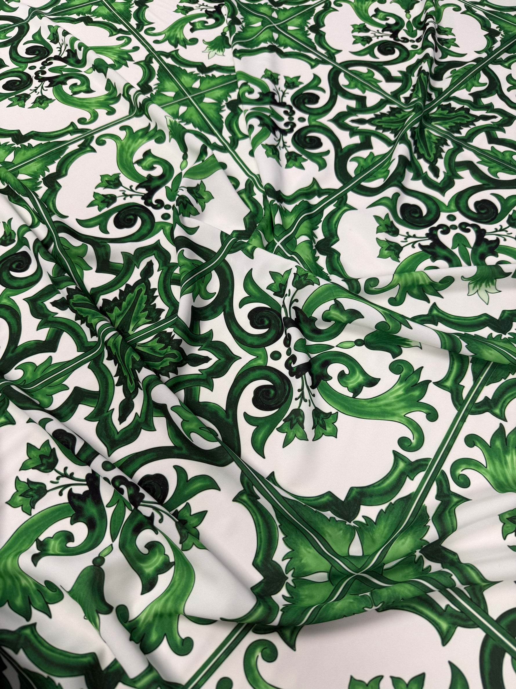 Green Baroque Tile Pattern Fabric with elegant green and white design for upholstery and drapery projects