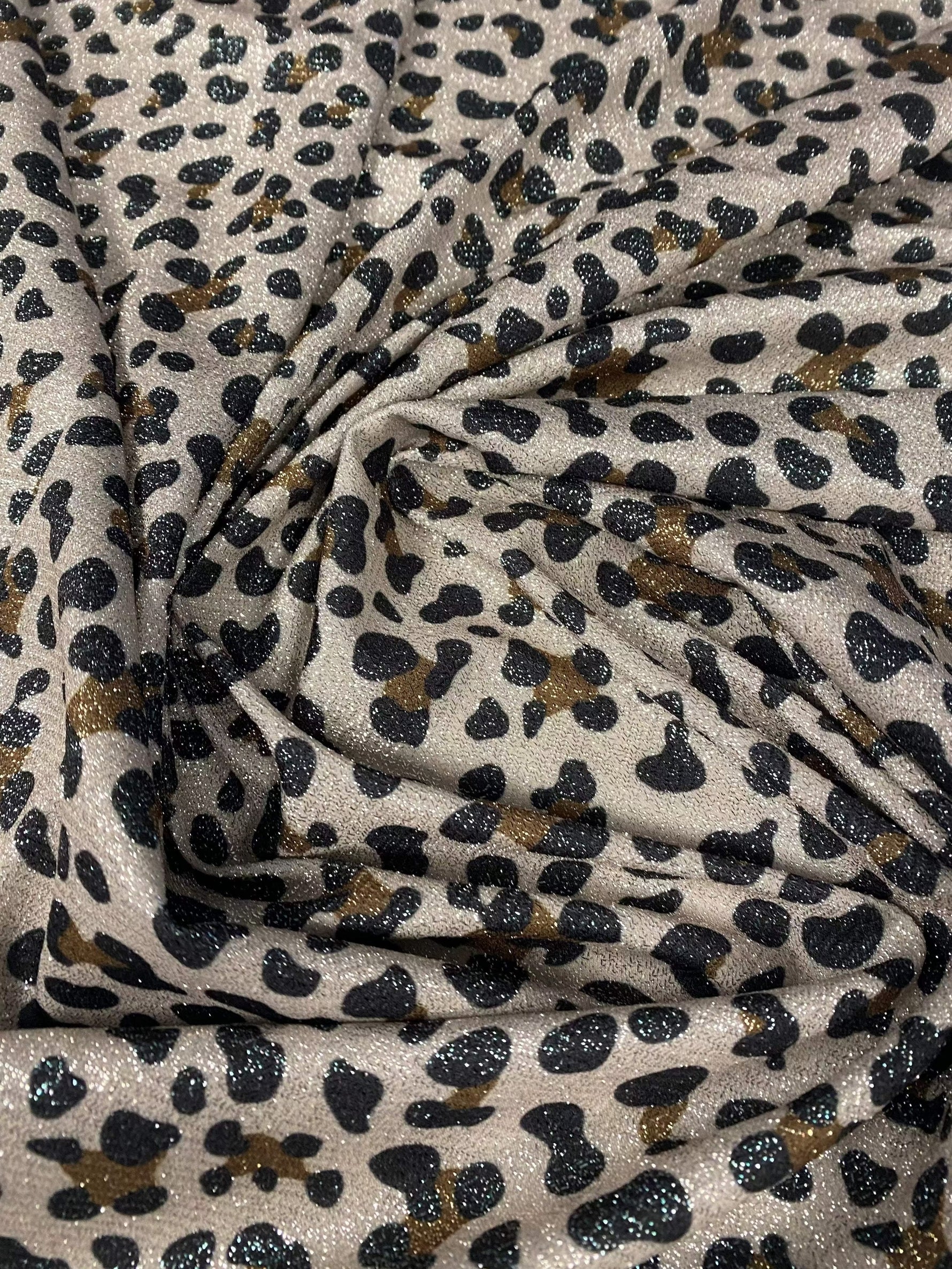 Little Leopard Pattern Stretch Lurex Fabric with shimmering soft satin finish for activewear and costumes