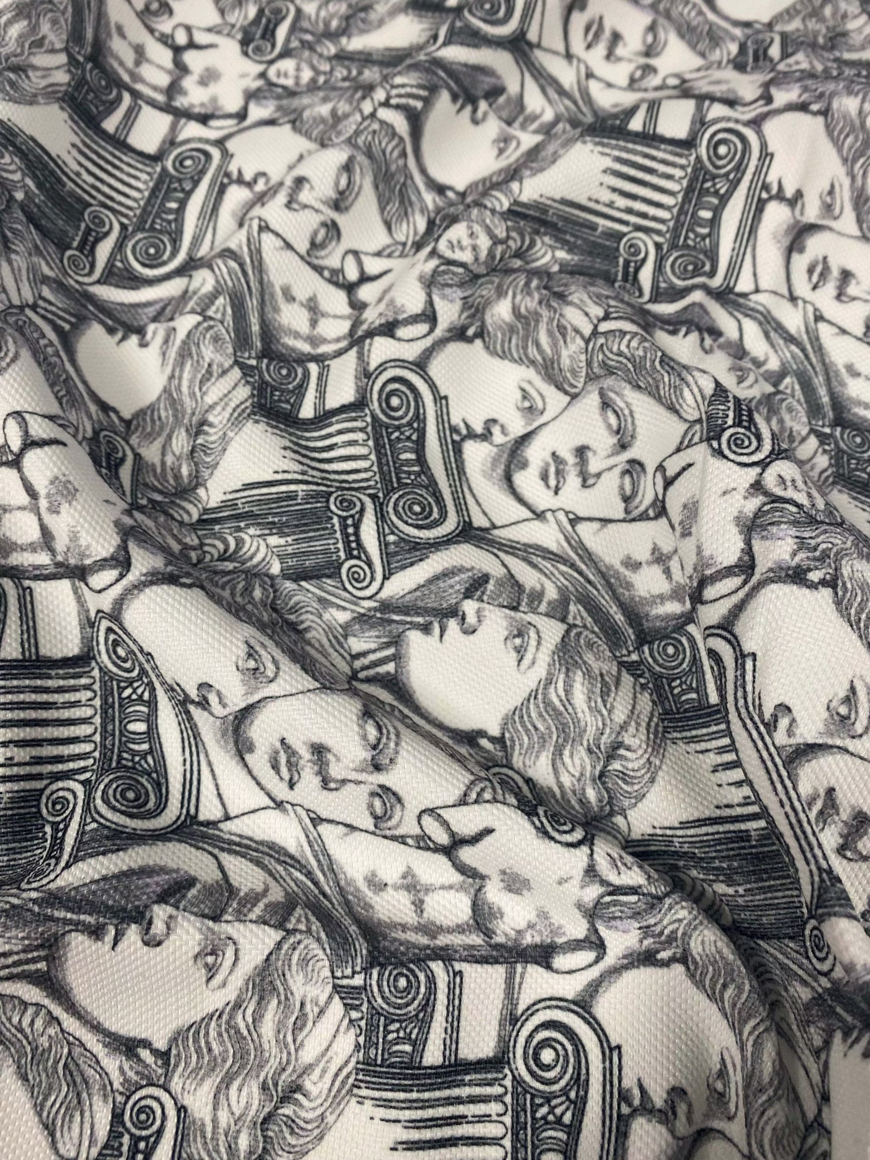 Yunan Heykel Designi upholstery fabric with intricate classical statues pattern in black and white for elegant home décor