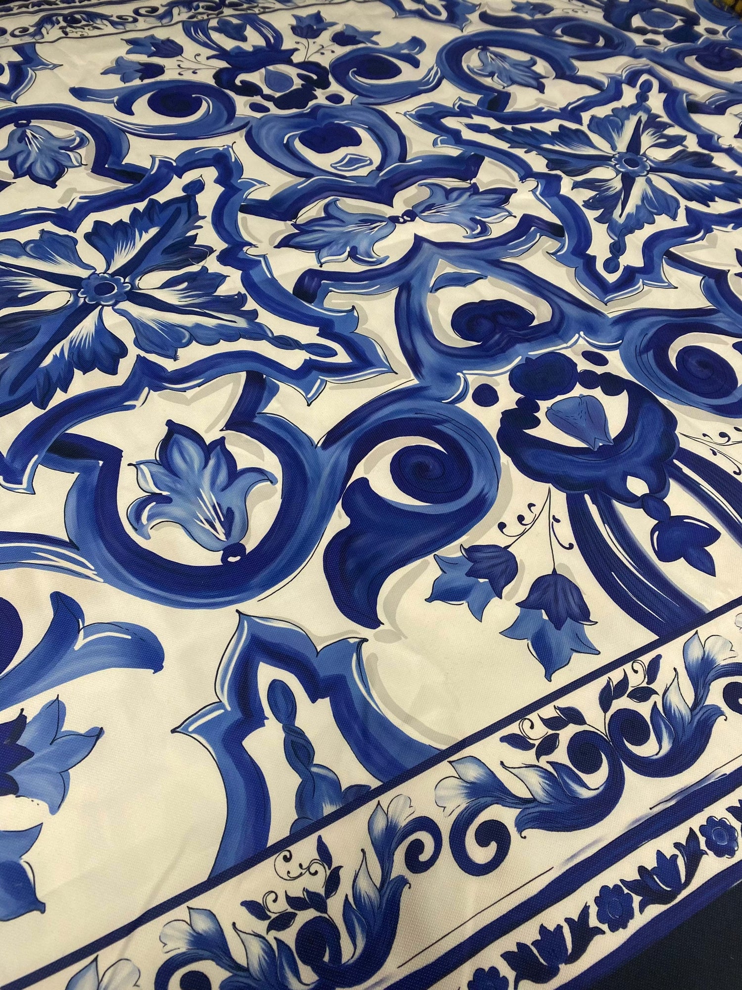 Blue and white Büyük Mojalica design upholstery fabric with intricate floral and scroll patterns