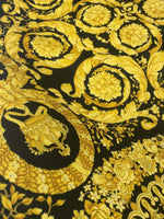 Barok Design Upholstery Fabric with elegant golden floral pattern on black polyester background for home décor