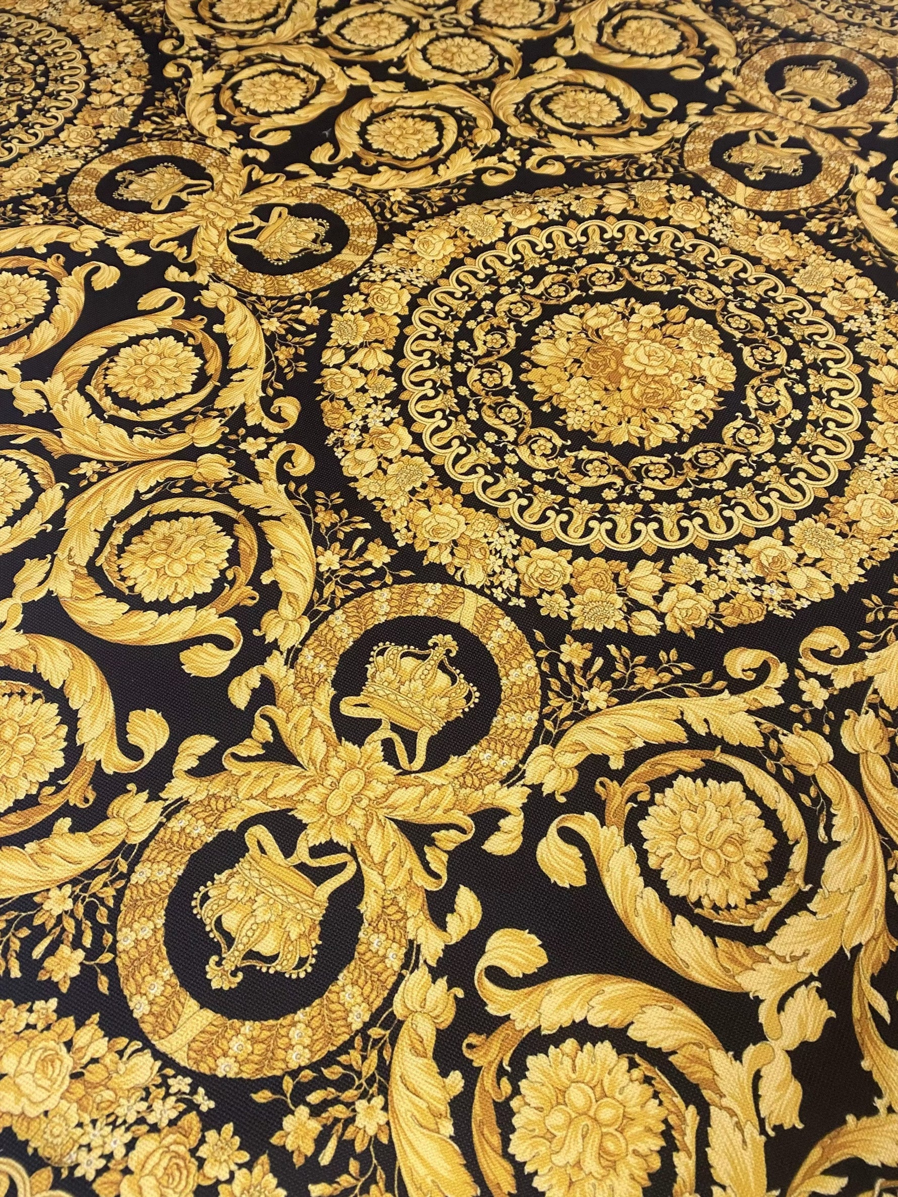 Barok Design Upholstery Fabric with intricate elegant gold floral patterns on black background for home décor