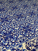 Blue and white floral patterned upholstery fabric with intricate Mavi design on polyester material