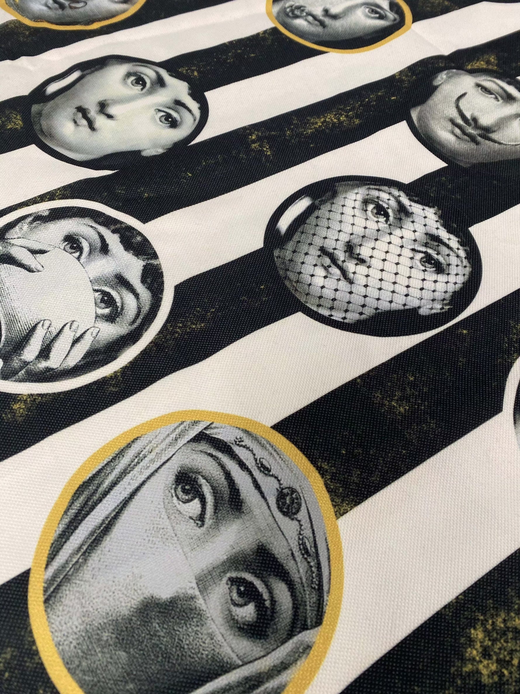 Artistic portrait upholstery fabric featuring vintage black and white faces on a striped background for unique home décor