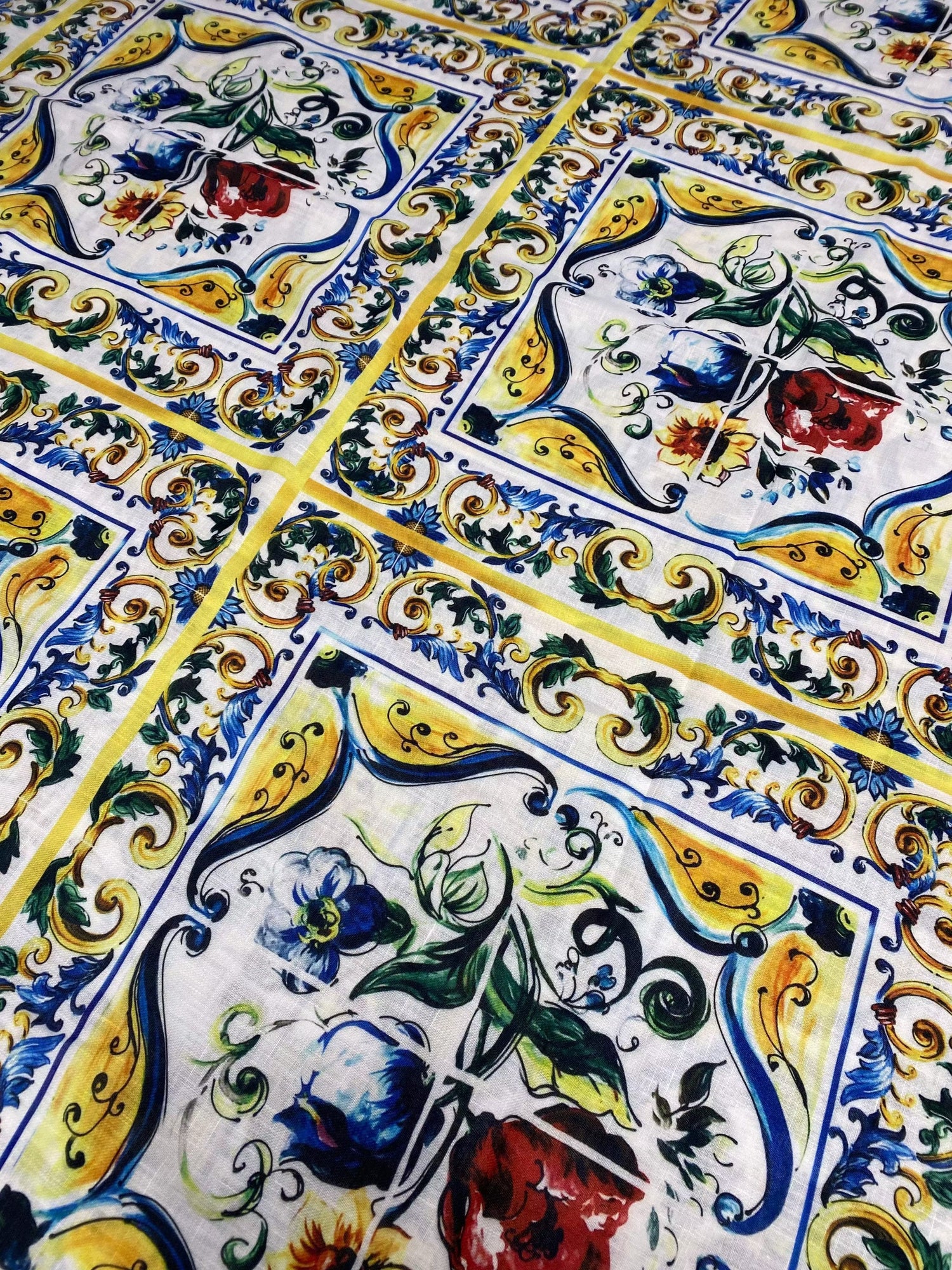 Big Mojalica Design Linen Fabric with intricate floral and ornamental patterns in vibrant colors for stylish home decor