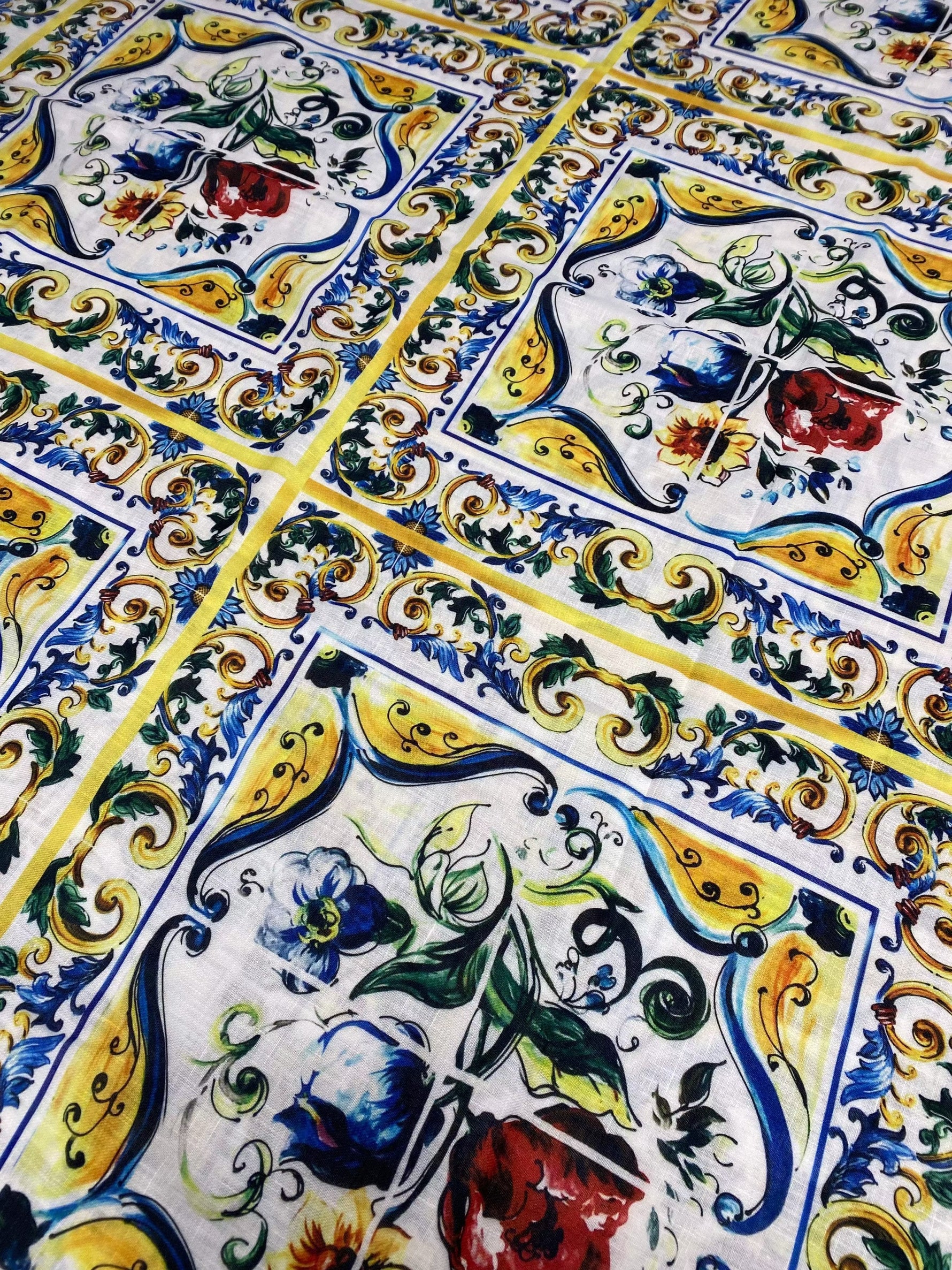 Big Mojalica Design Linen Fabric with intricate floral and ornamental patterns in vibrant colors for stylish home decor