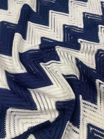 White and navy zigzag patterned breathable mesh fabric for fashion and craft projects
