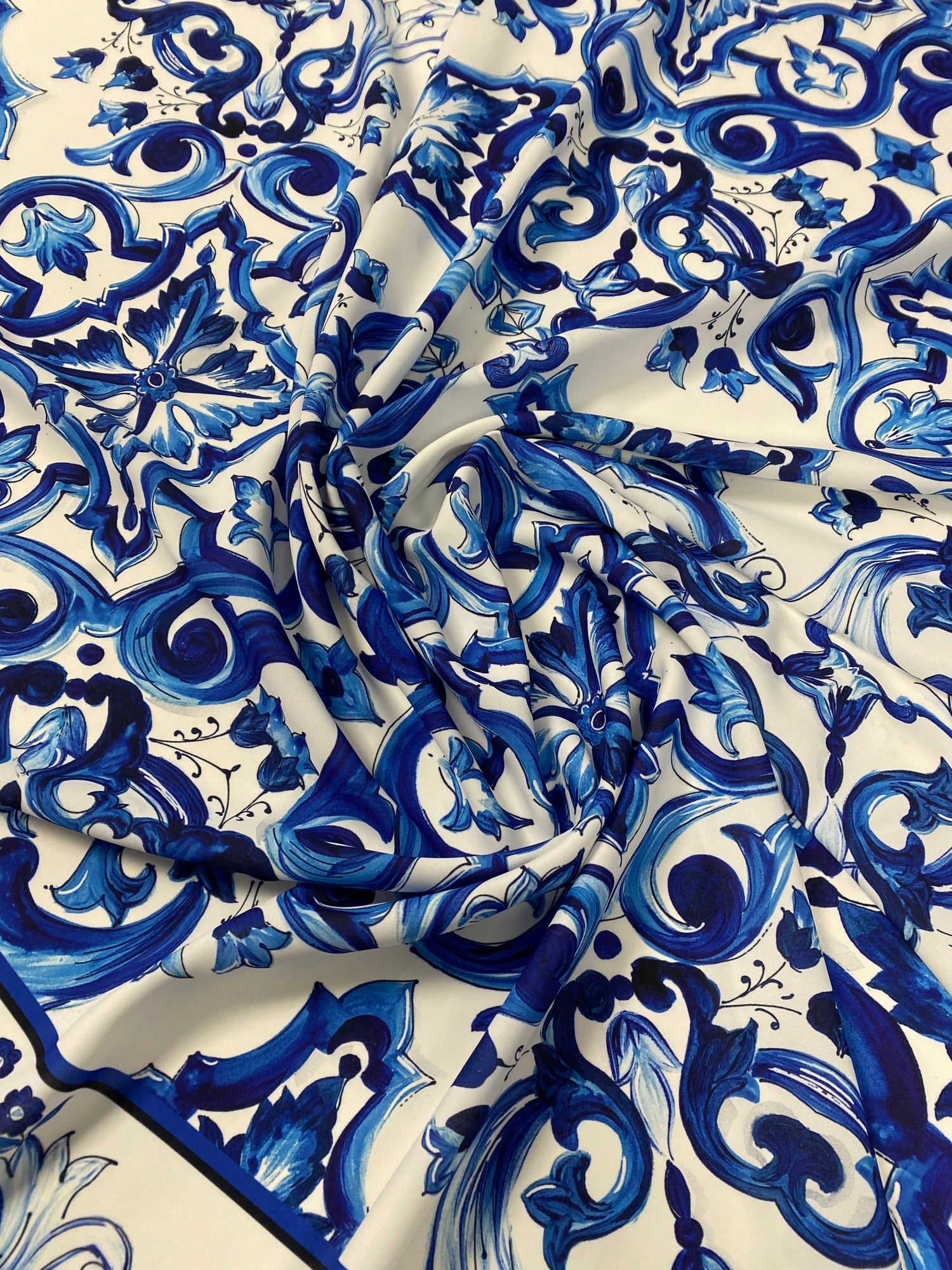 Blue and White Majolica Tile Print Fabric – Custom Printed Fabric, Choose Material by Metre
