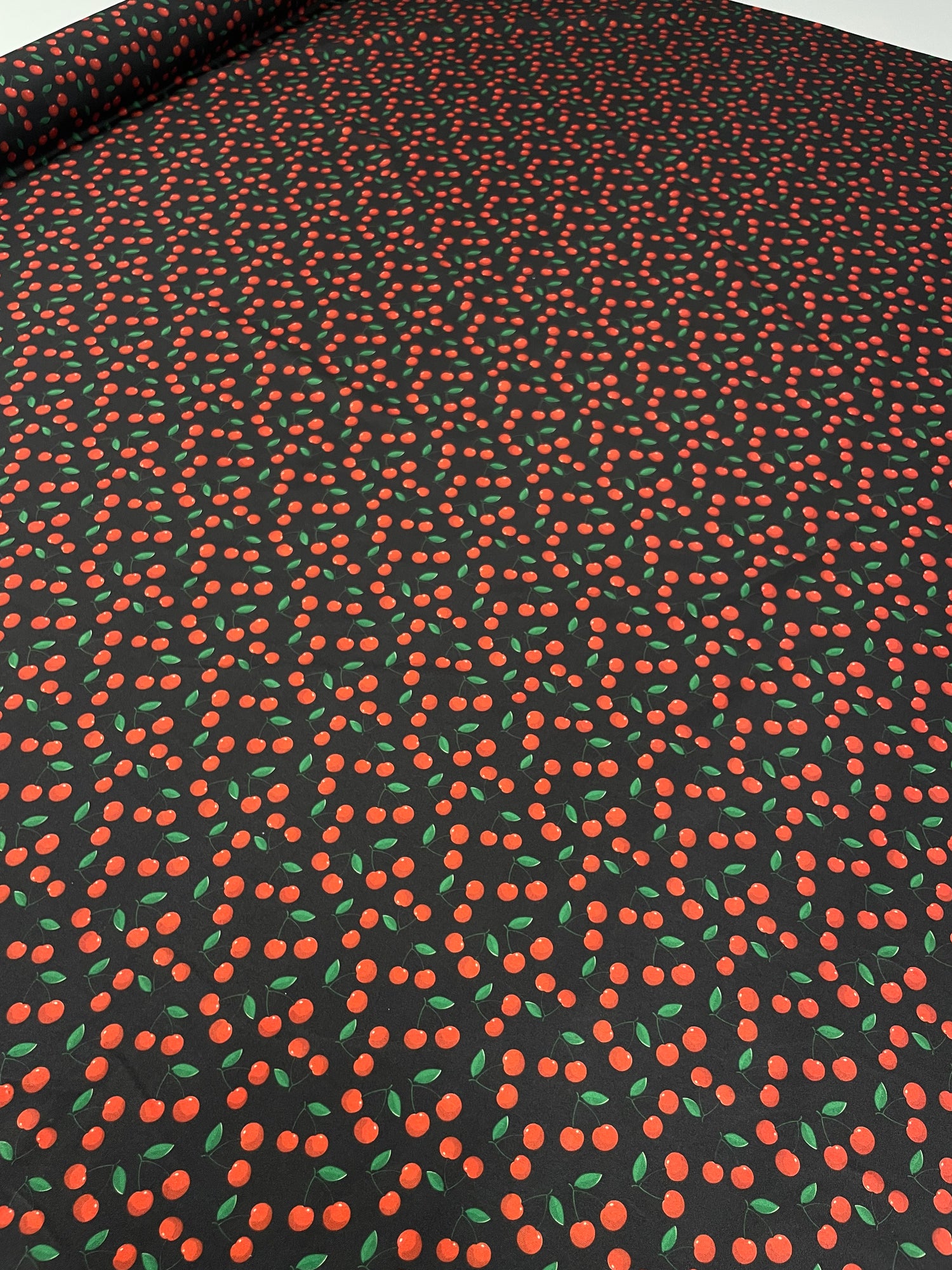 Cherry Print Black Spandex Fabric by the Metre