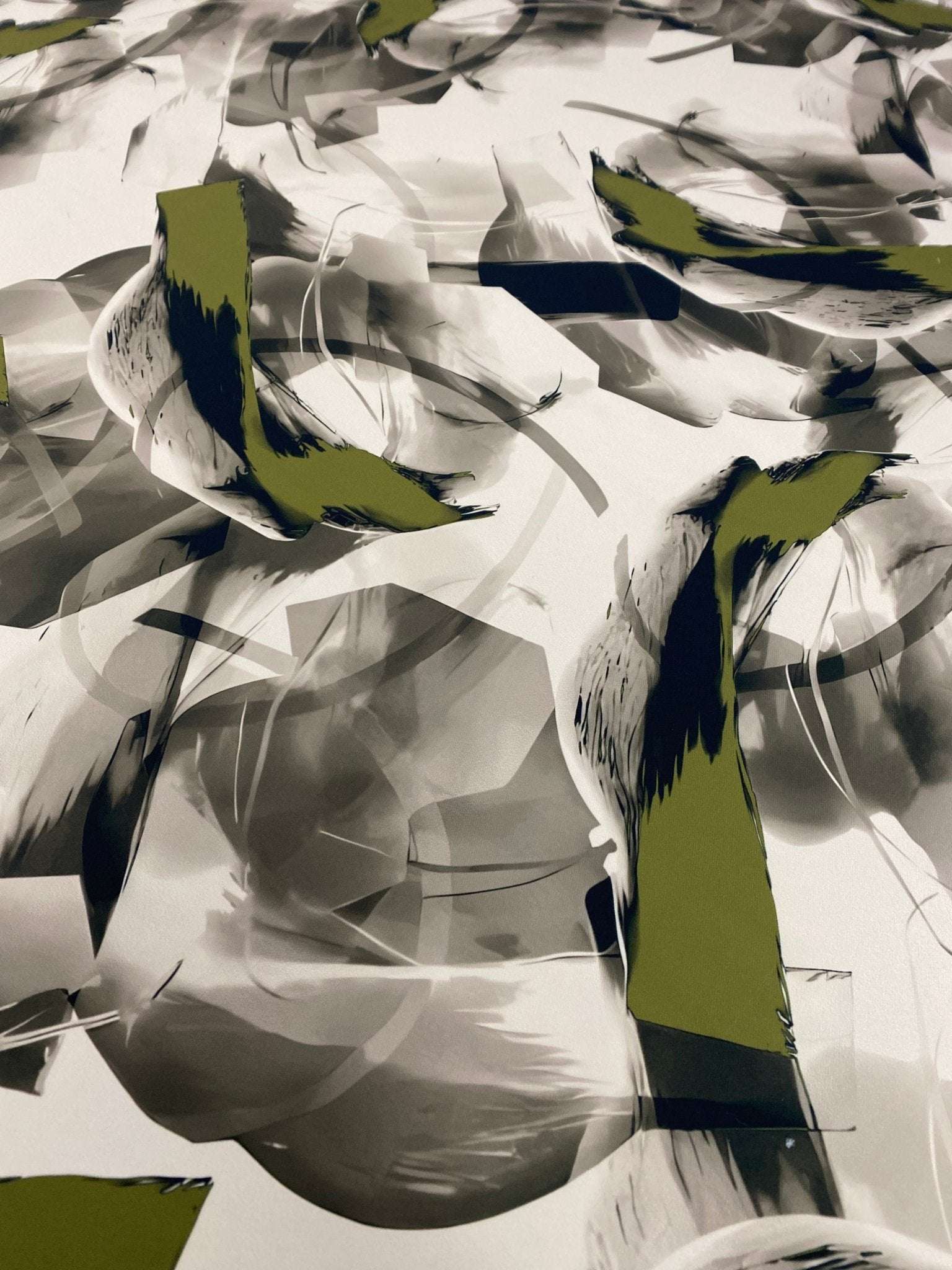 Abstract Artistic Brushstroke Fabric with contemporary green and black brushstroke design on a gray background, fabric width 150cm sold by the yard