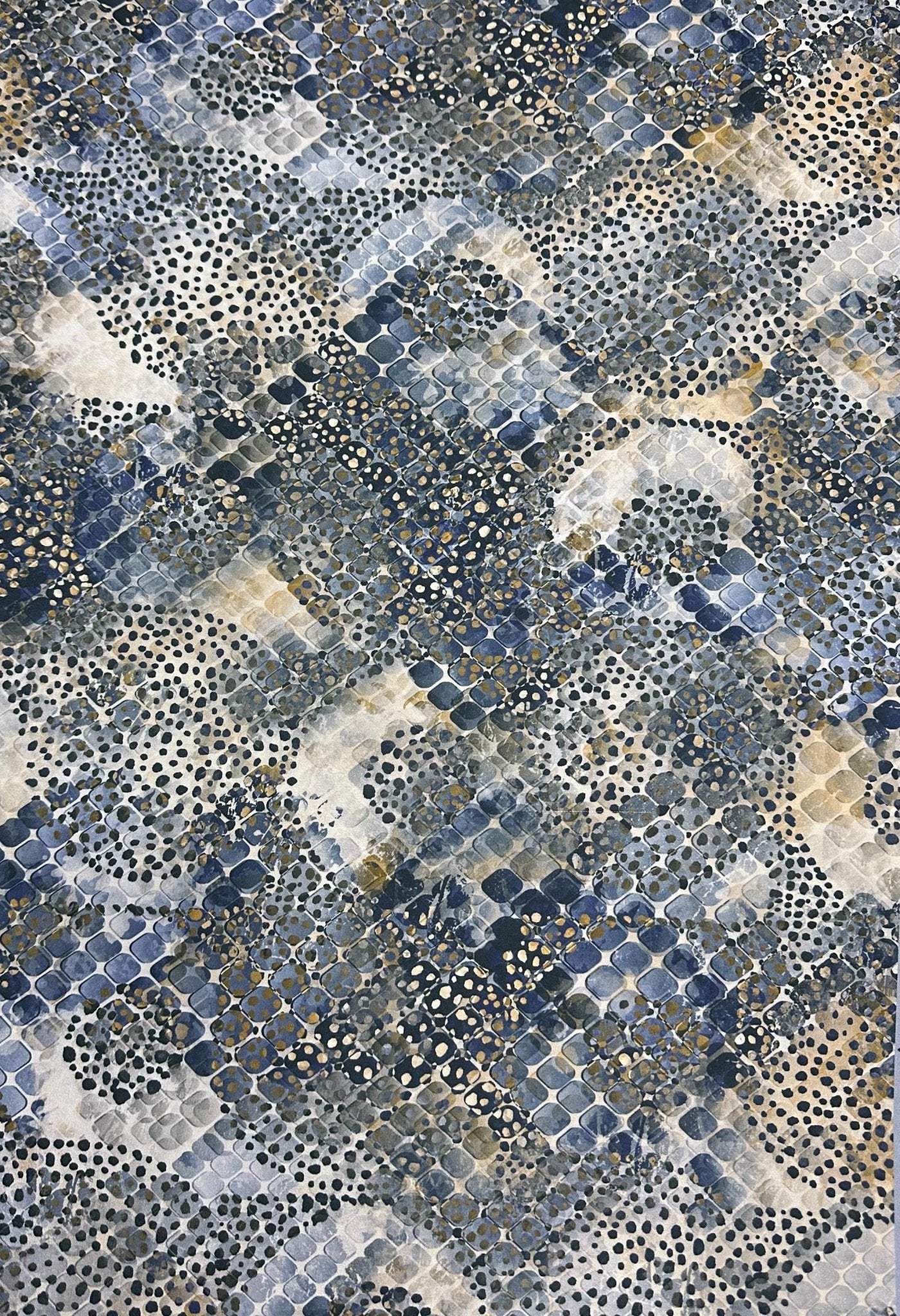 Abstract blue and gold geometric upholstery fabric with modern textured pattern