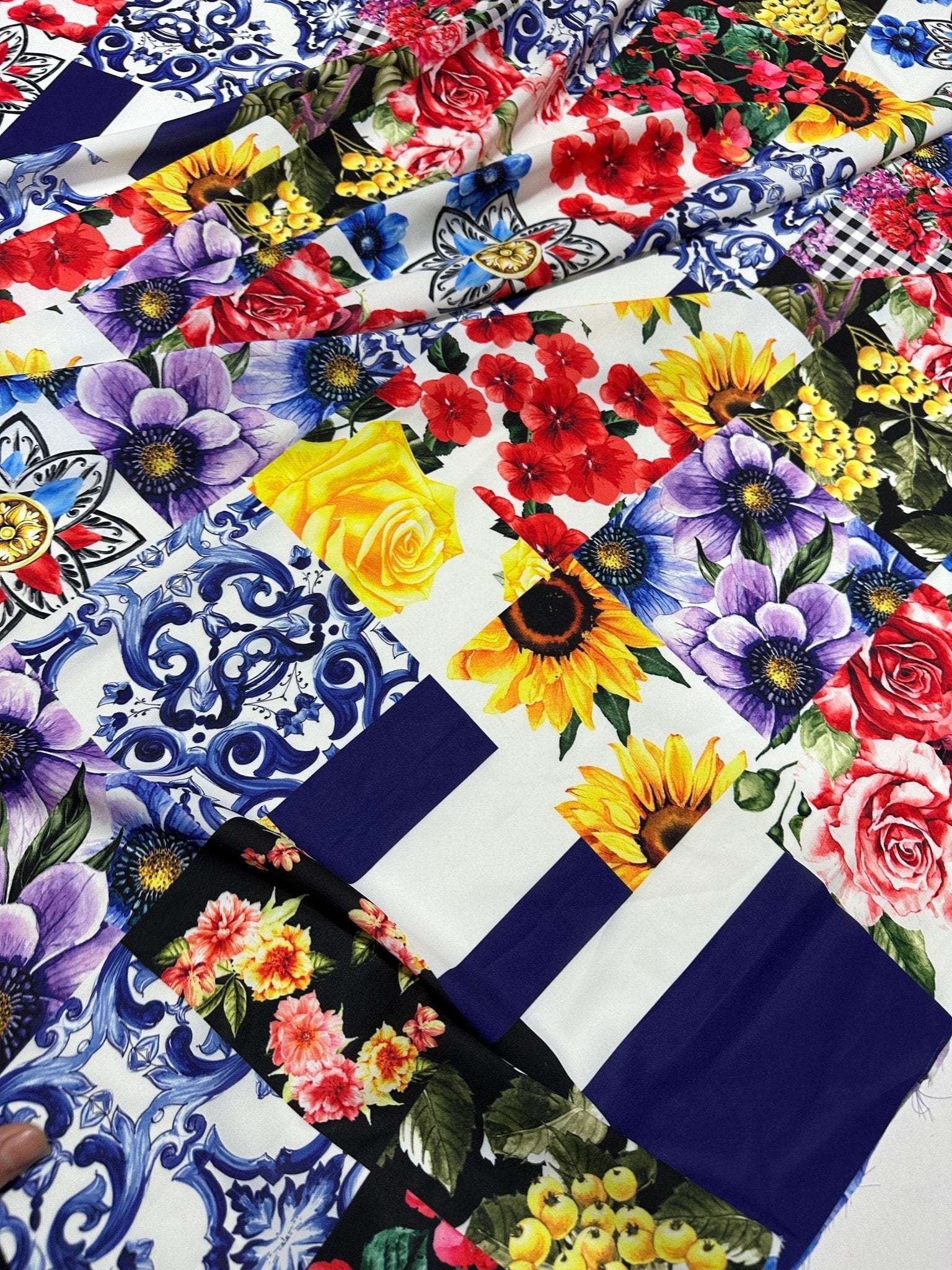 Colorful Majolica Pattern Fabric with floral and traditional tile designs in vibrant hues