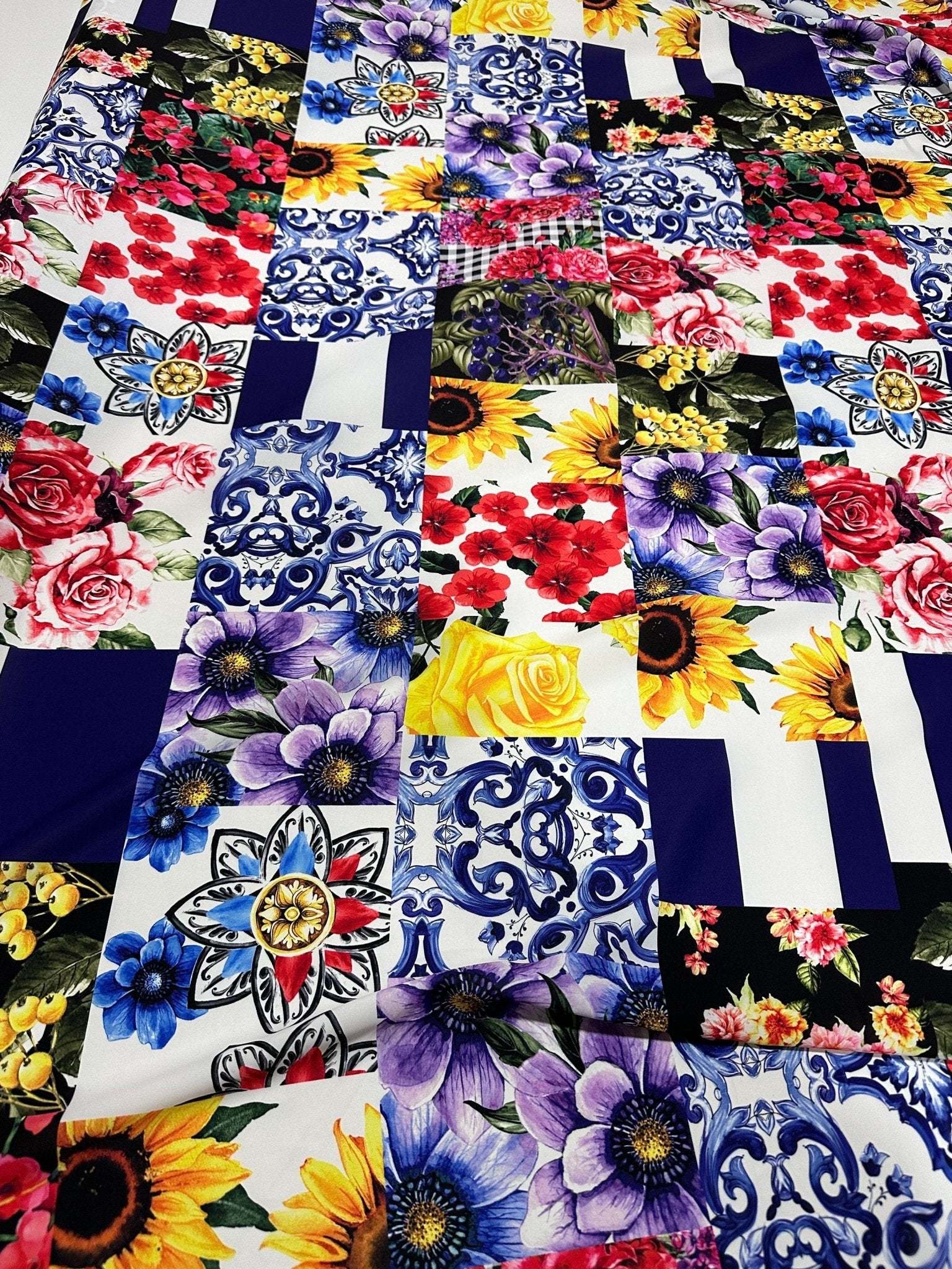 Colorful Majolica pattern fabric with vibrant floral and traditional tile-inspired designs on a 150cm wide textile