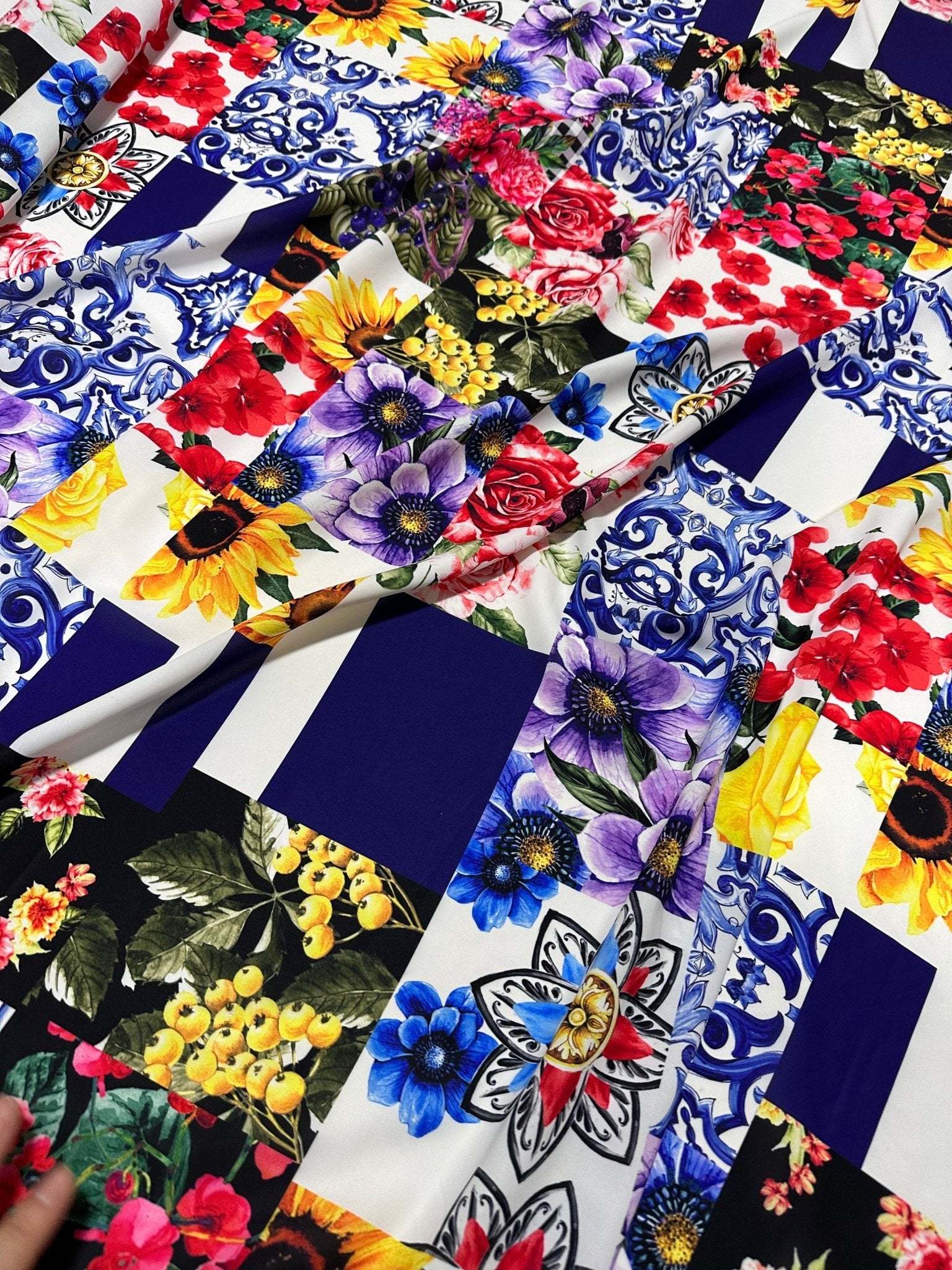 Colorful Majolica Pattern Fabric with floral and traditional tile designs, 150cm wide, ideal for sewing and home décor projects