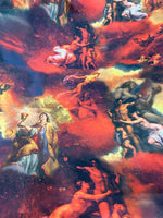 Vintage antique angel fabric with detailed classical angelic figures and vibrant red and blue hues