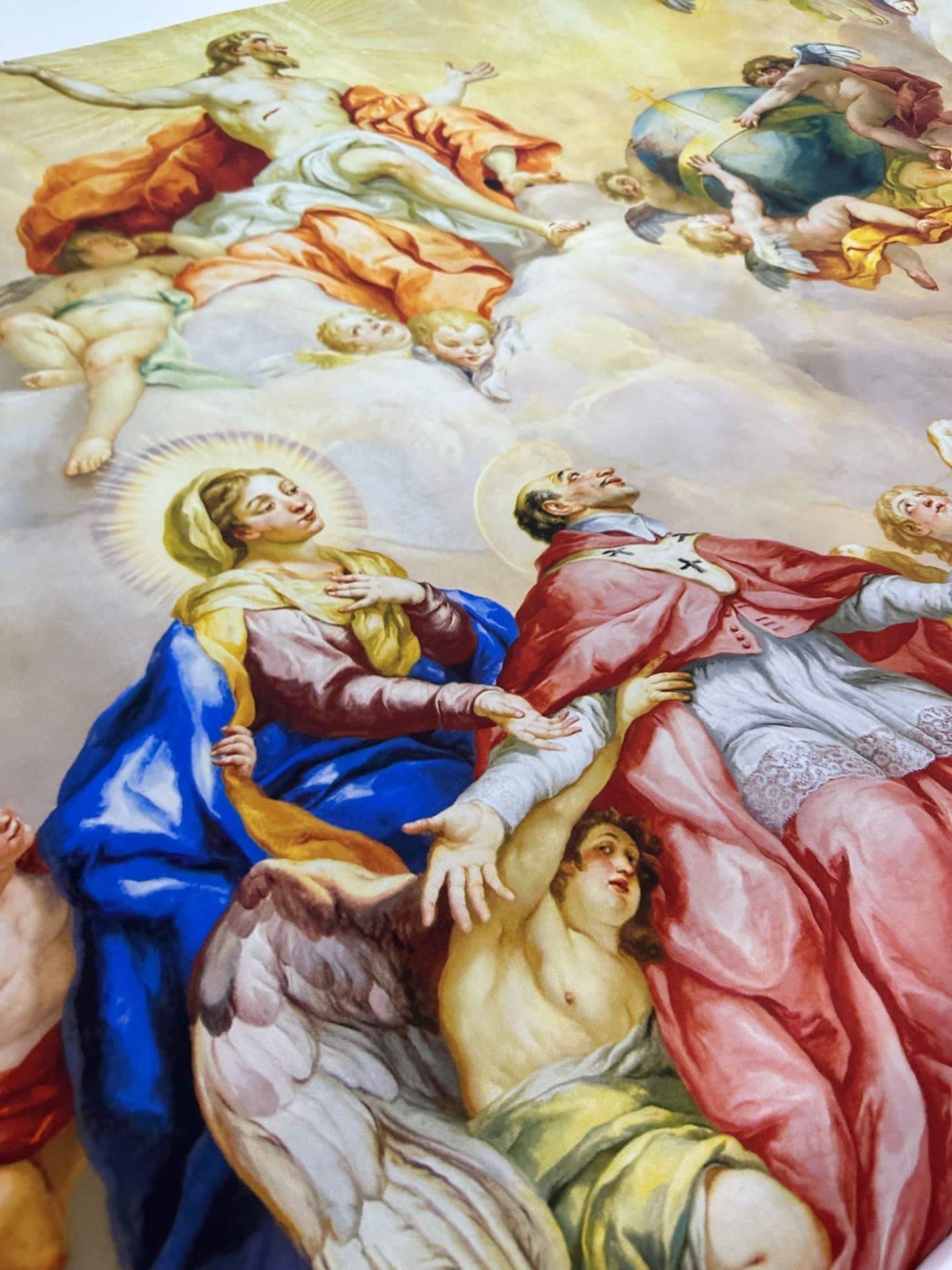 Angel Dome Pattern Fabric featuring detailed Charless Church print with angels and religious figures in vibrant colors on high-quality material