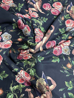 Angel Floral Print Fabric featuring elegant angel and floral patterns on dark background with 150cm width perfect for sewing and quilting projects
