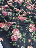Angel Floral Print Fabric featuring elegant pink and white roses on a dark background, perfect for sewing, quilting, and home decor projects.