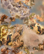 Angel Print Fabric featuring a detailed classical angel and cherub design with clouds and soft pastel tones, suitable for sewing and crafting projects