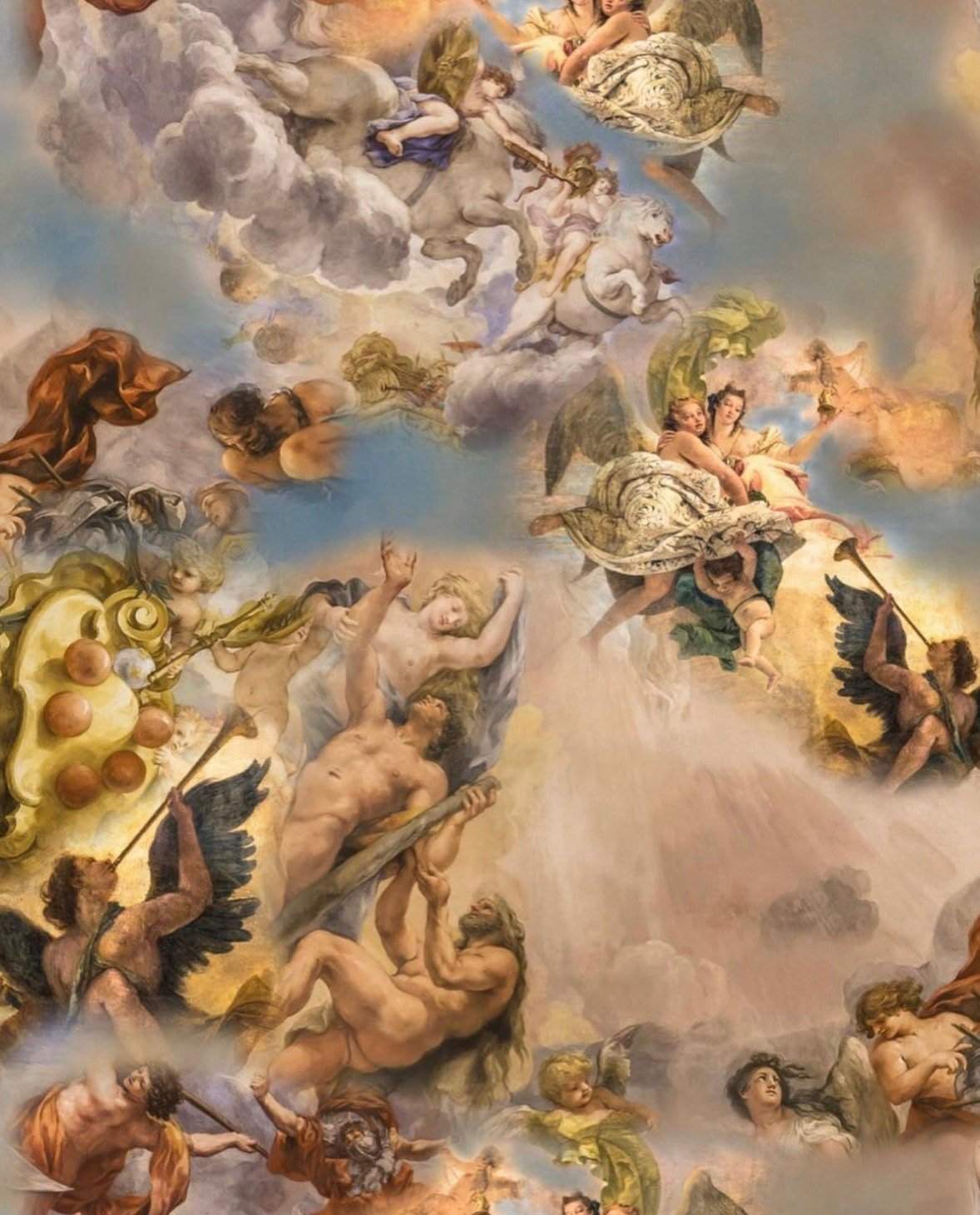 Angel Print Fabric featuring a detailed classical angel and cherub design with clouds and soft pastel tones, suitable for sewing and crafting projects