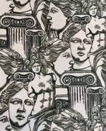 Antik Greek Print Fabric featuring classical statues and Ionic columns in black and white design on durable textile.