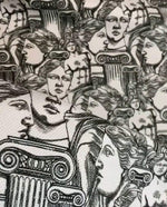 Antik Greek Print Fabric with intricate black and white classical Greek art and architectural motifs.