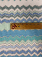 Aqua blue and mint green zigzag patterned woven fabric with ruler for scale