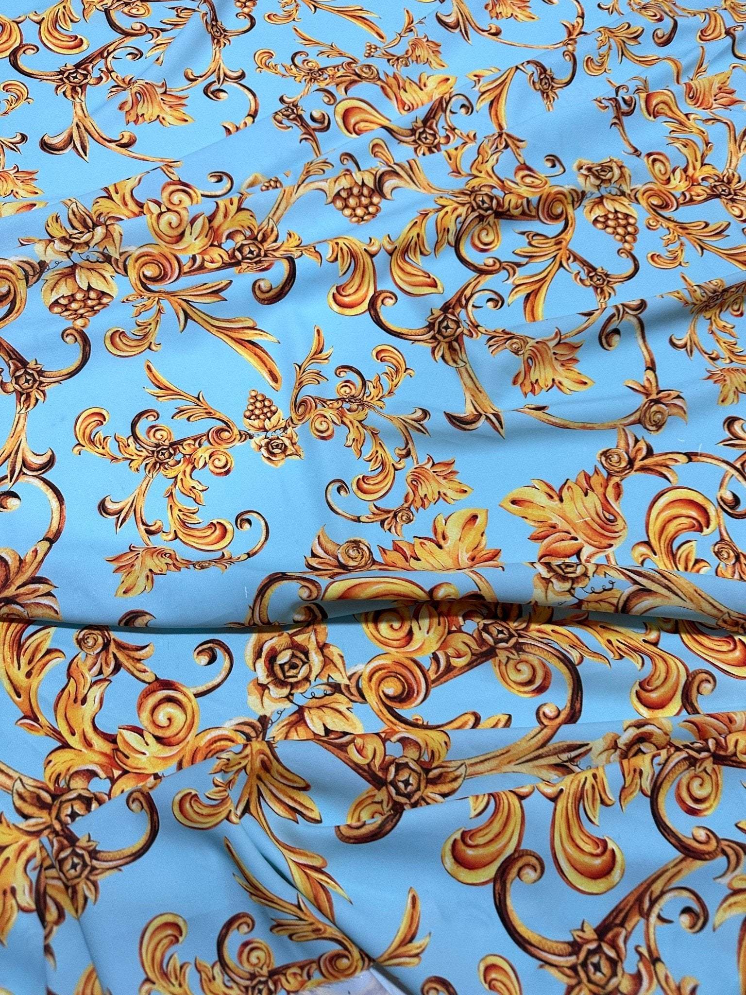 Baby blue fabric with ornate gold baroque print, soft textured fabric by the yard, 150cm width