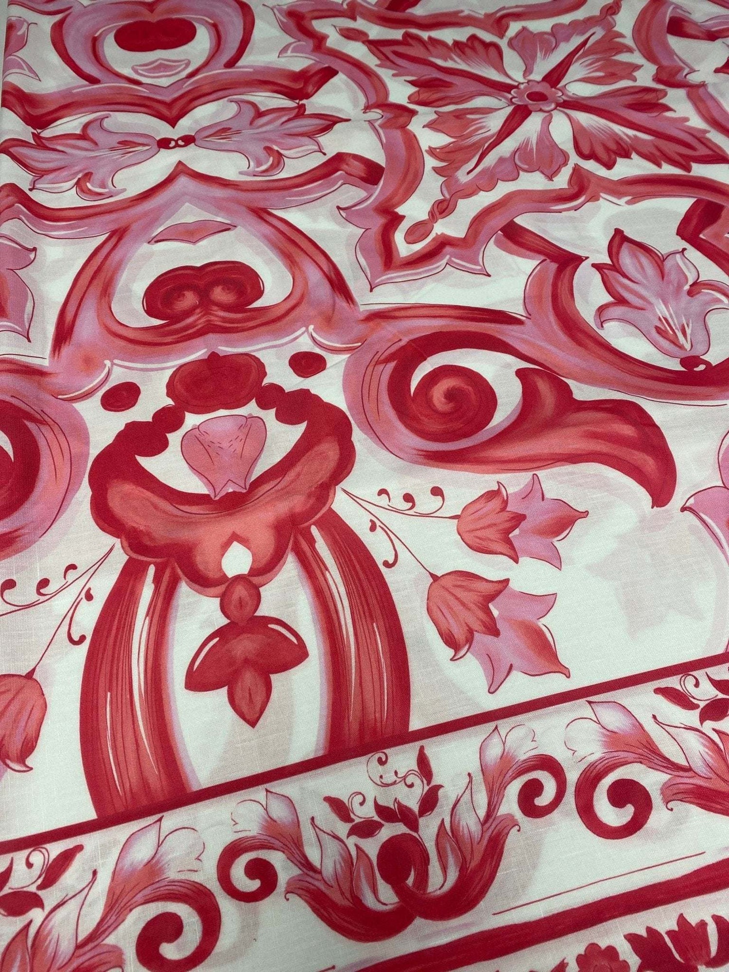 Barok Design Linen Fabric with elegant red floral and ornamental patterns on white background for home decor and fashion