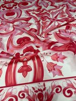 Barok Design Linen Fabric with red and pink floral baroque pattern on white polyester textile for home decor and fashion