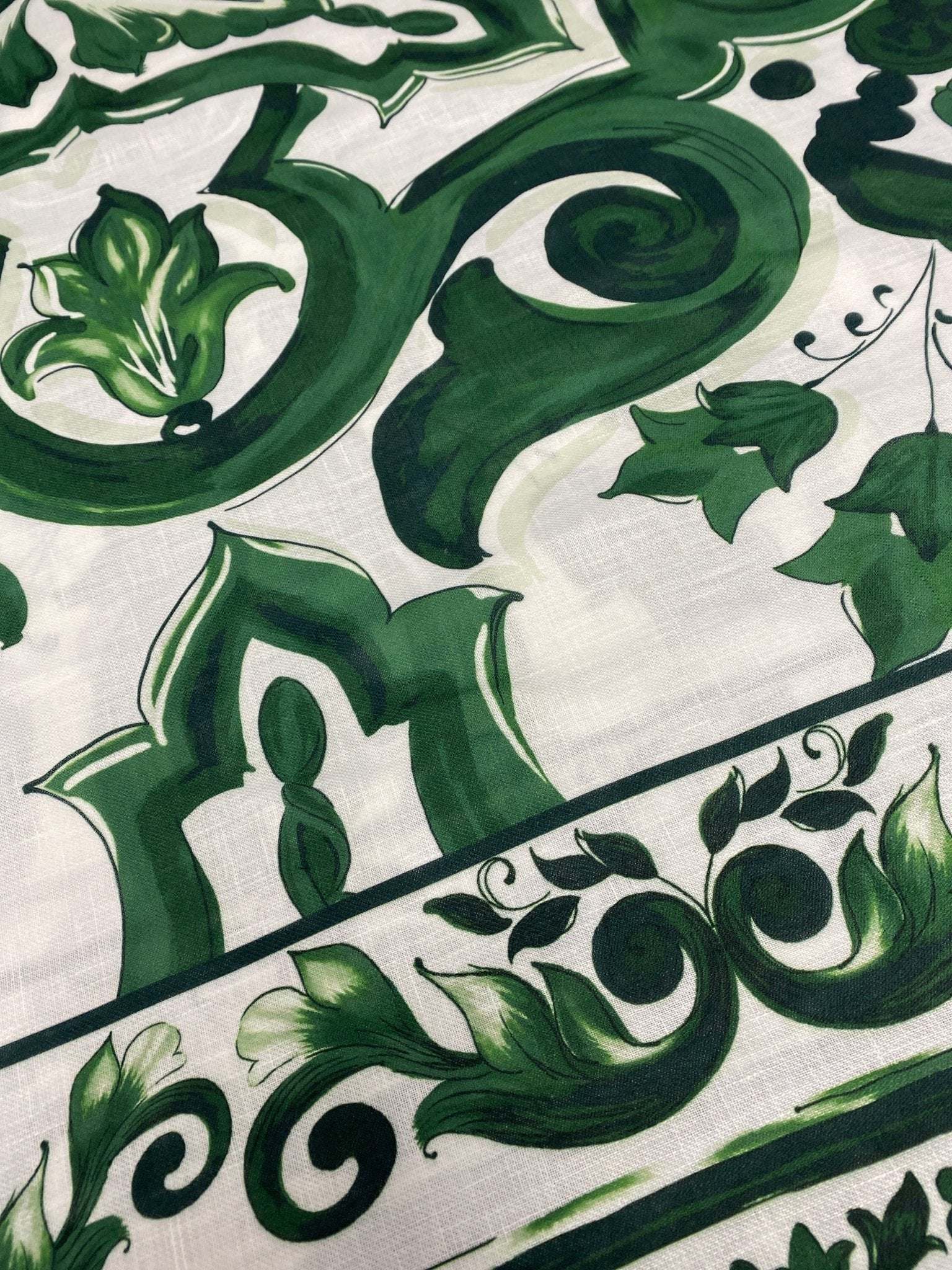 Barok floral pattern linen fabric with green baroque-inspired floral design on white background for elegant home decor
