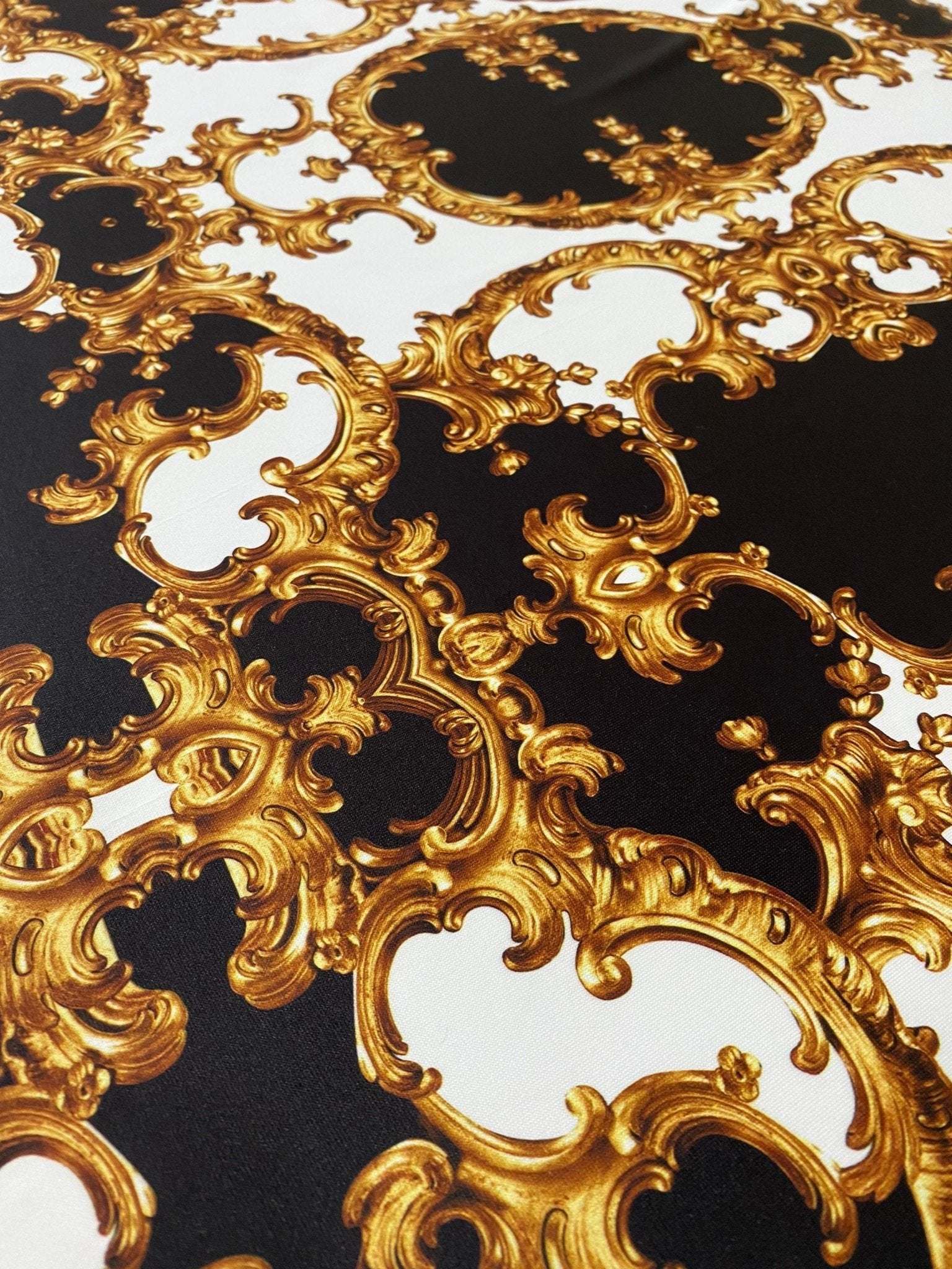 Baroque black white gold patterned fabric with ornate elegant design for crafts and sewing projects