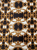 Baroque fabric with black, white, and gold ornate pattern for elegant crafts