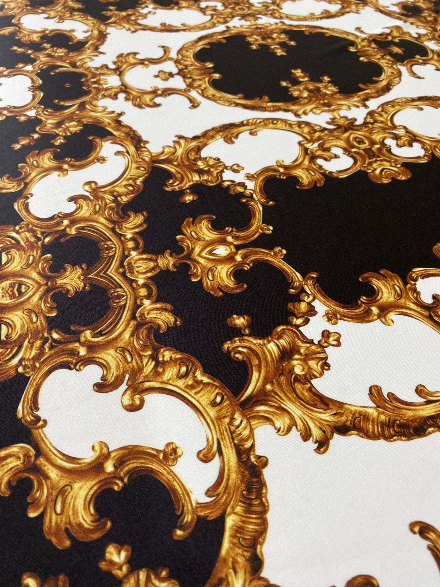 Baroque black white gold patterned fabric with ornate baroque design for elegant crafts