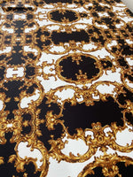 Baroque black white gold patterned fabric with ornate elegant design, sold by the yard, 150cm width