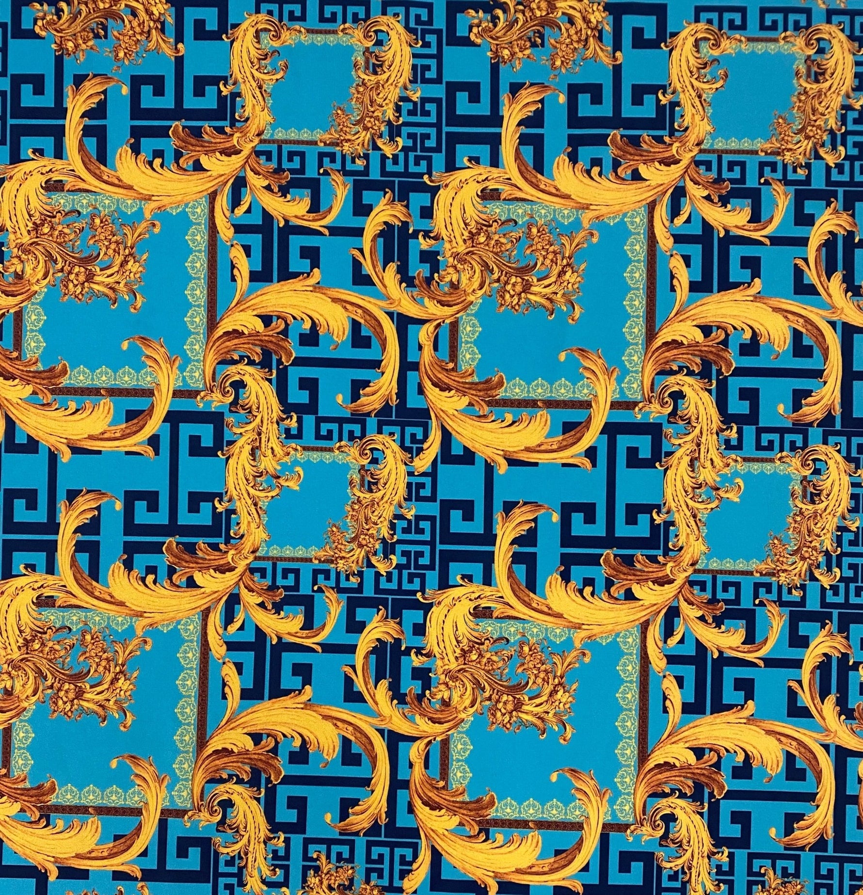 Baroque Blue & Gold Fabric – Ornate Italian Style Print by the Metre - Whotex Fabrics London