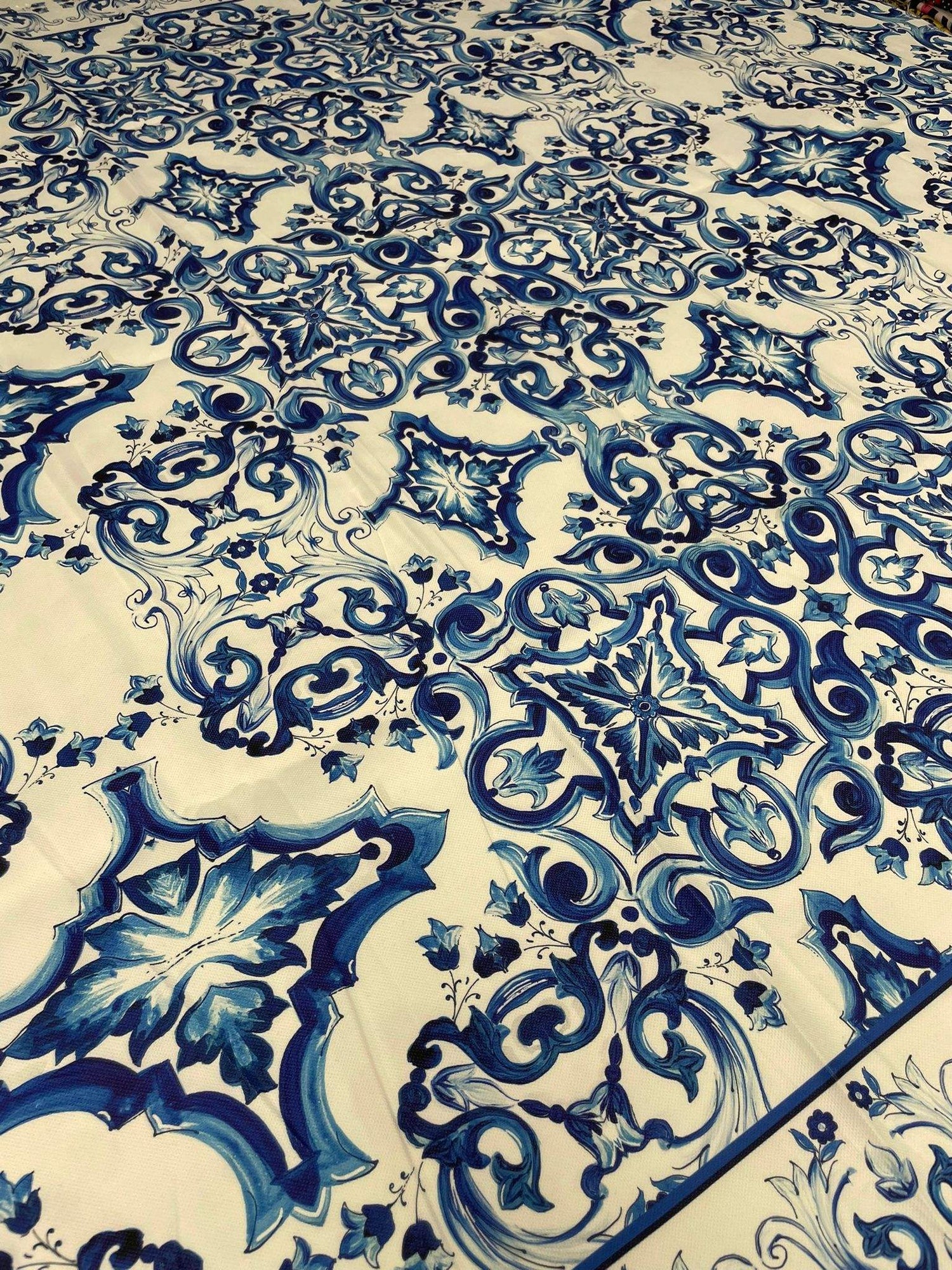 Baroque design upholstery fabric with intricate blue and white patterns for elegant home décor