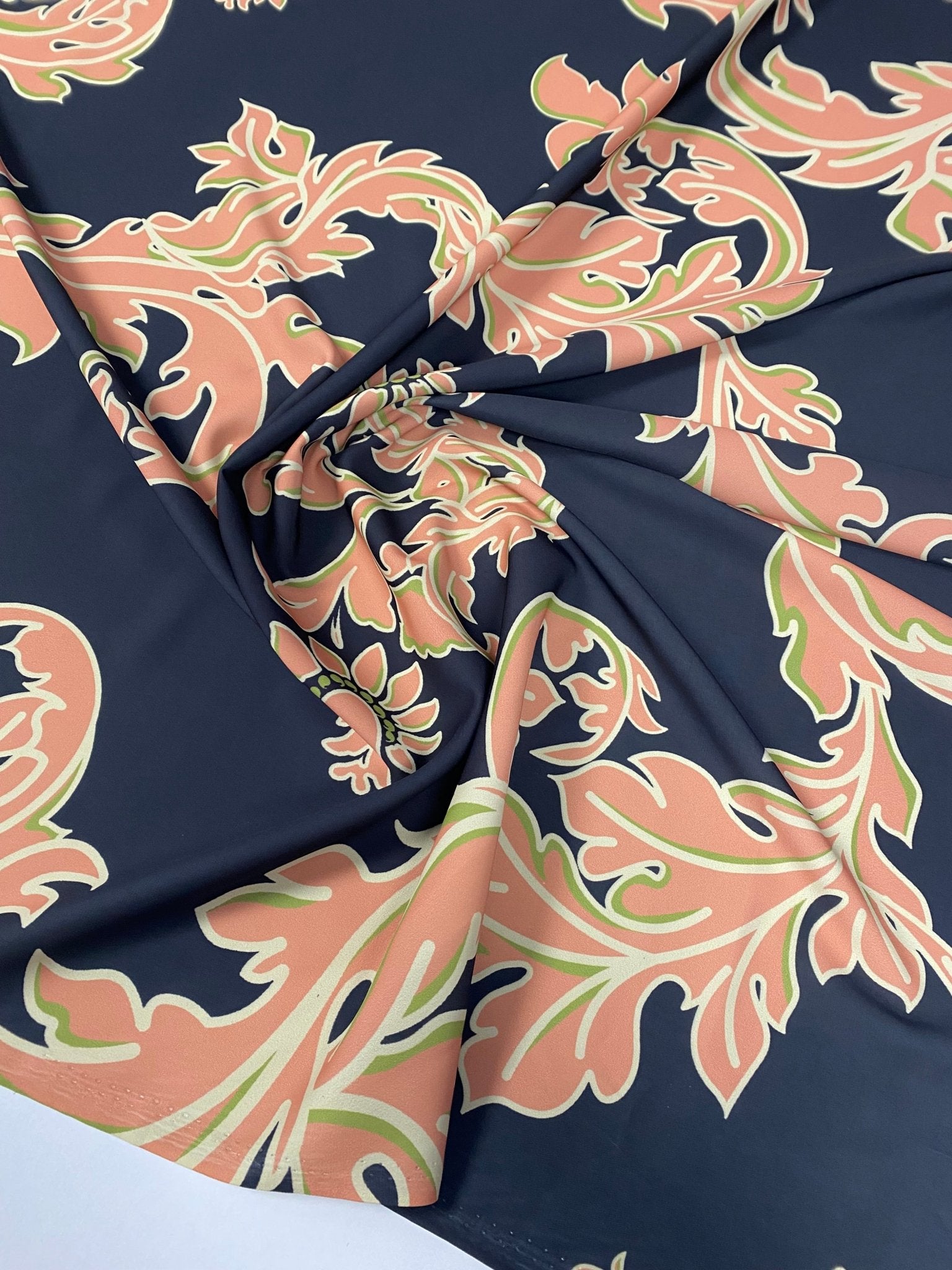 Baroque Floral Crepe Fabric by the Metre – Black Peach Green Design - Whotex Online Fabric Store