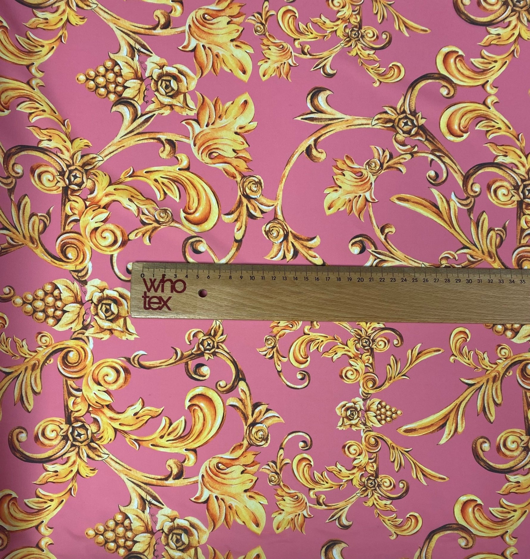 Baroque Floral Crepe Fabric by the Metre – Pink & Gold Luxury Design - Whotex Online Fabric Store