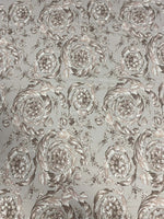 Beige and taupe Baroque floral damask fabric with intricate classic pattern for upholstery and drapery.