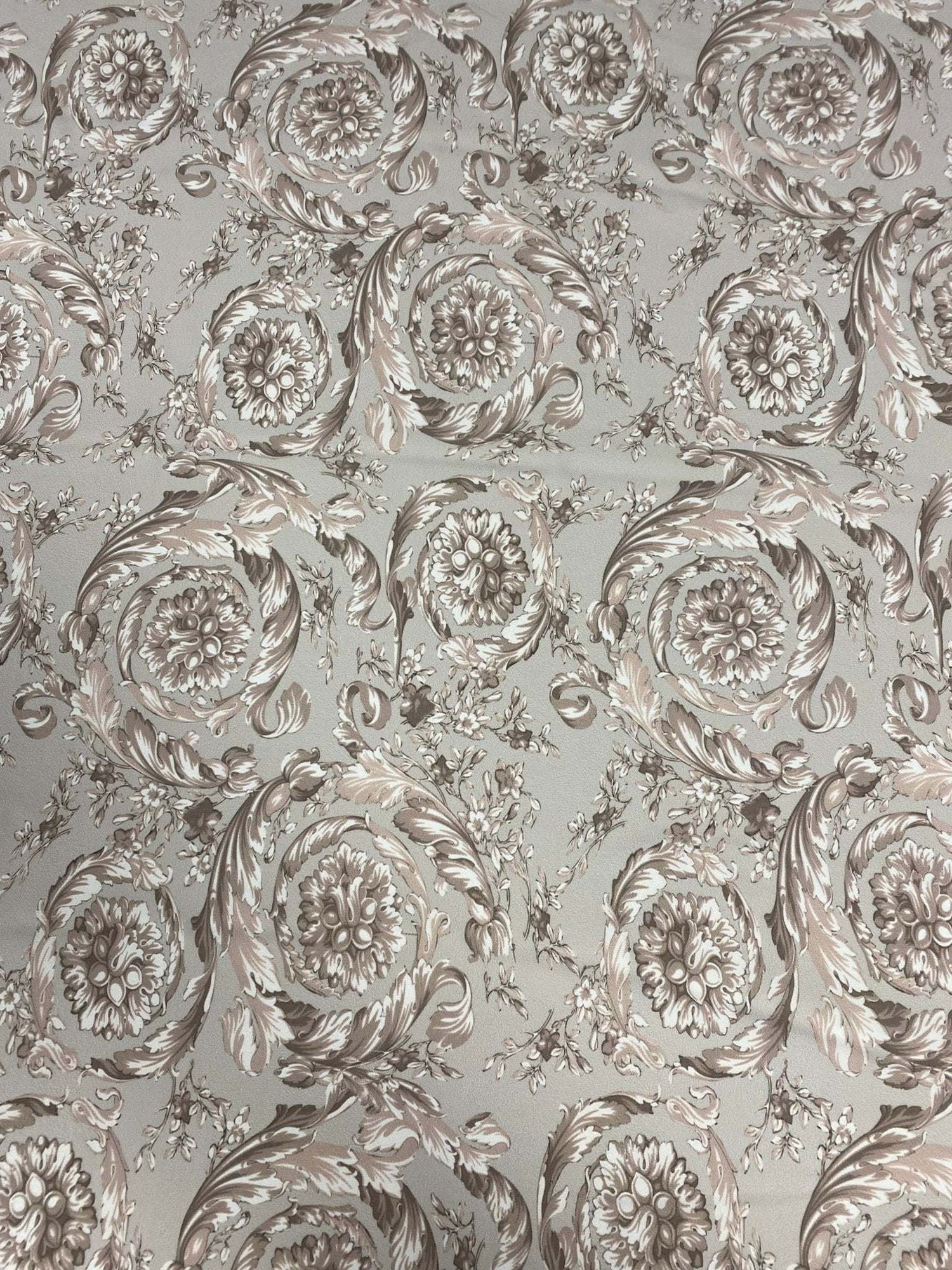 Beige and taupe Baroque floral damask fabric with intricate classic pattern for upholstery and drapery.