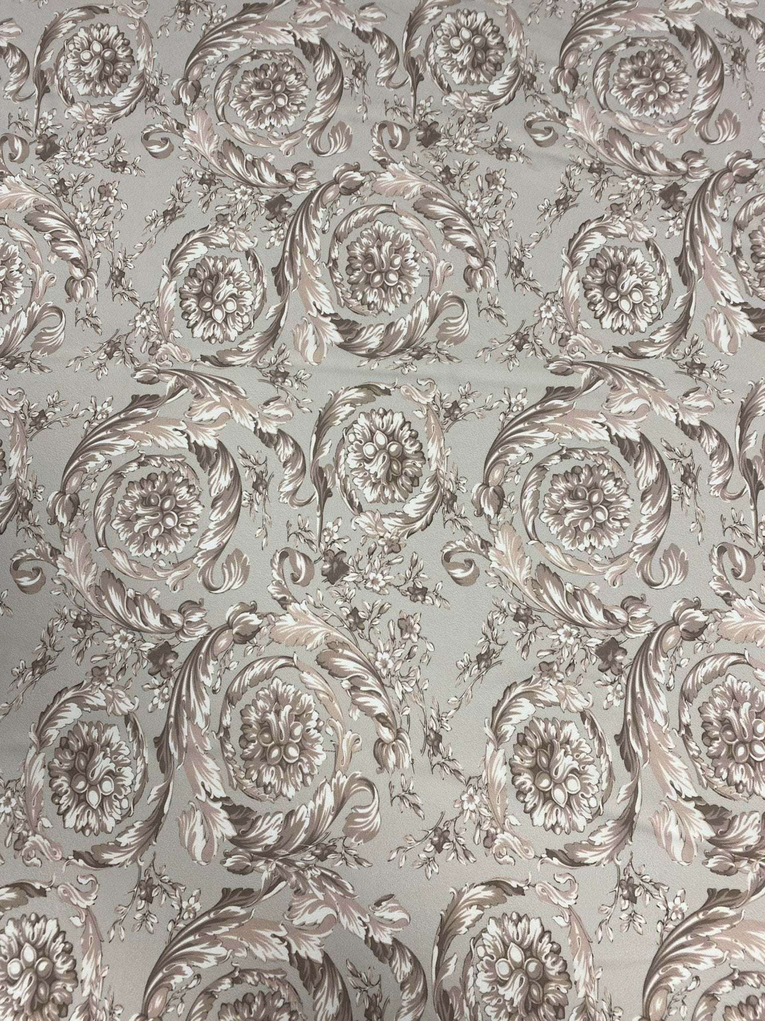 Beige and taupe Baroque floral damask fabric with intricate classic pattern for upholstery and drapery.