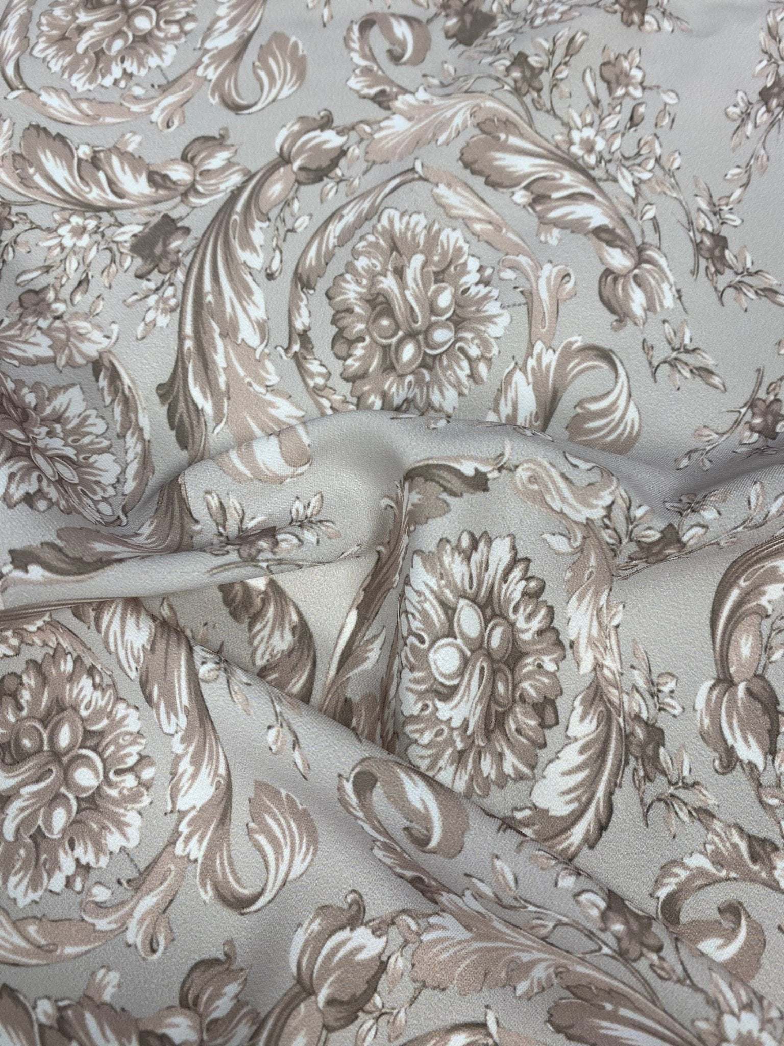 Baroque floral damask fabric in beige and taupe with classic elegant pattern for upholstery and drapery