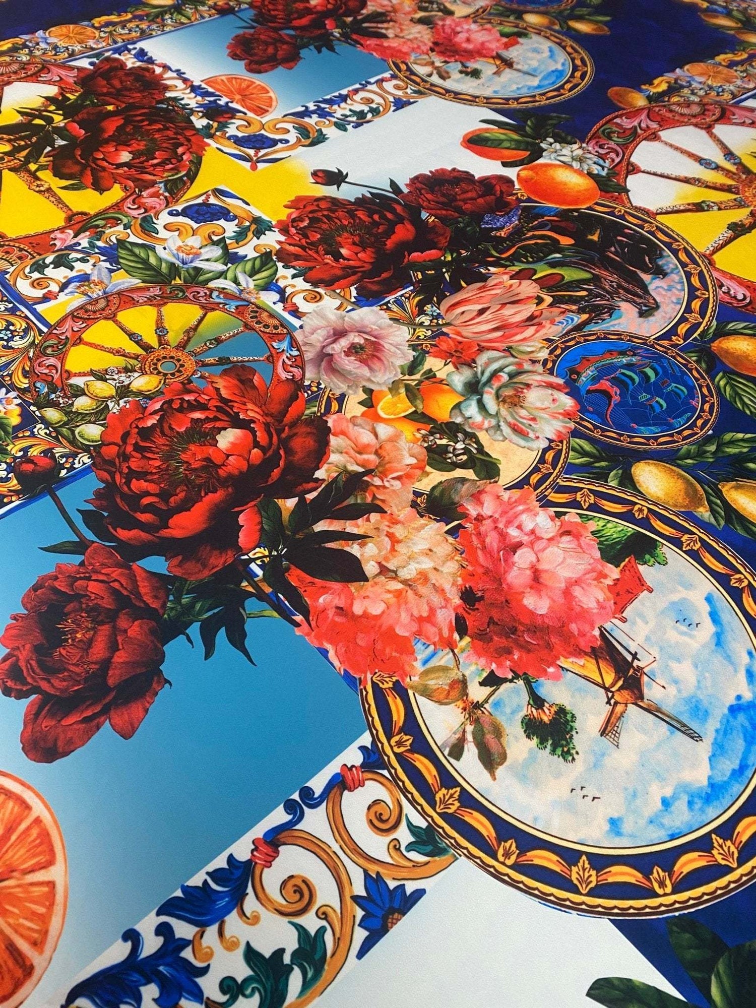 Baroque floral print fabric with vibrant Mediterranean motifs and colorful flowers on vibrant background
